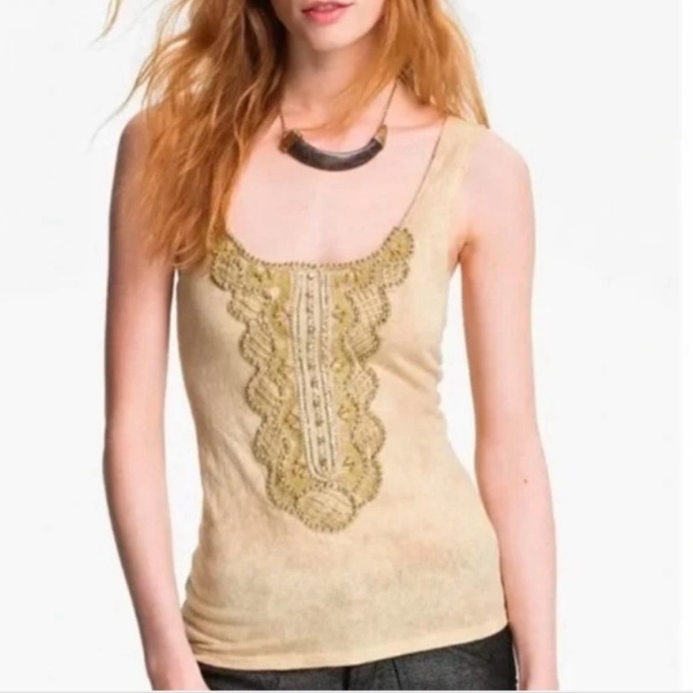 Free People Secret Heart Embellished Bib Tank Top in Creme Gold Size M
